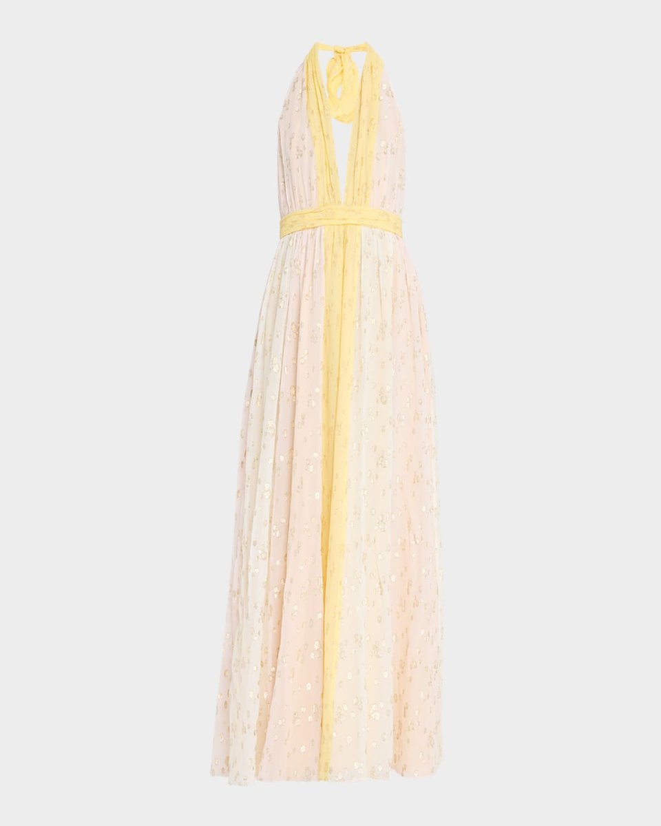 Leigh Deep V-Neck Fil Coupe Halter Gown